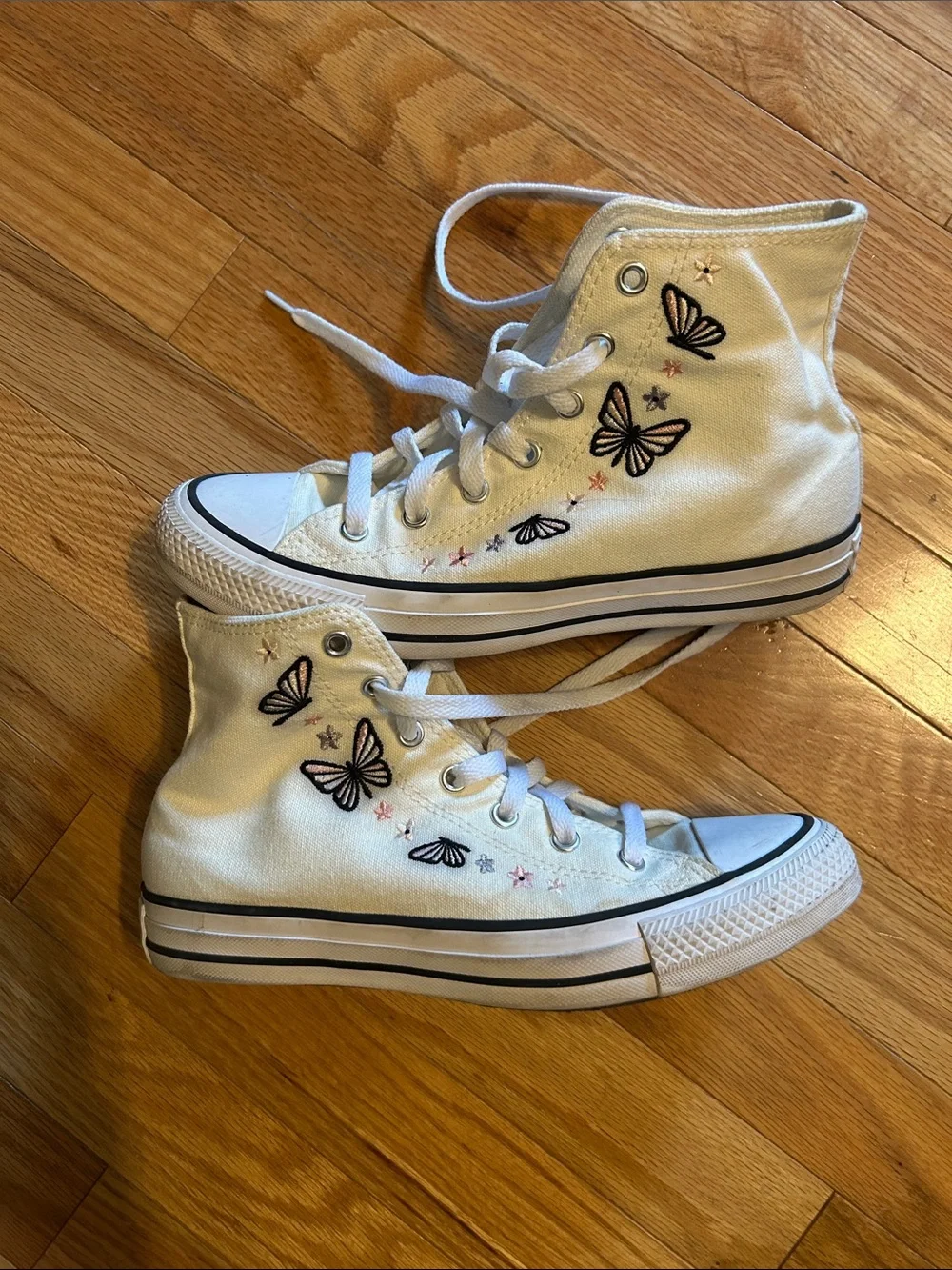 Converse Kids or Women’s Cream High-Top Sneakers, Butterfly Embroidery.